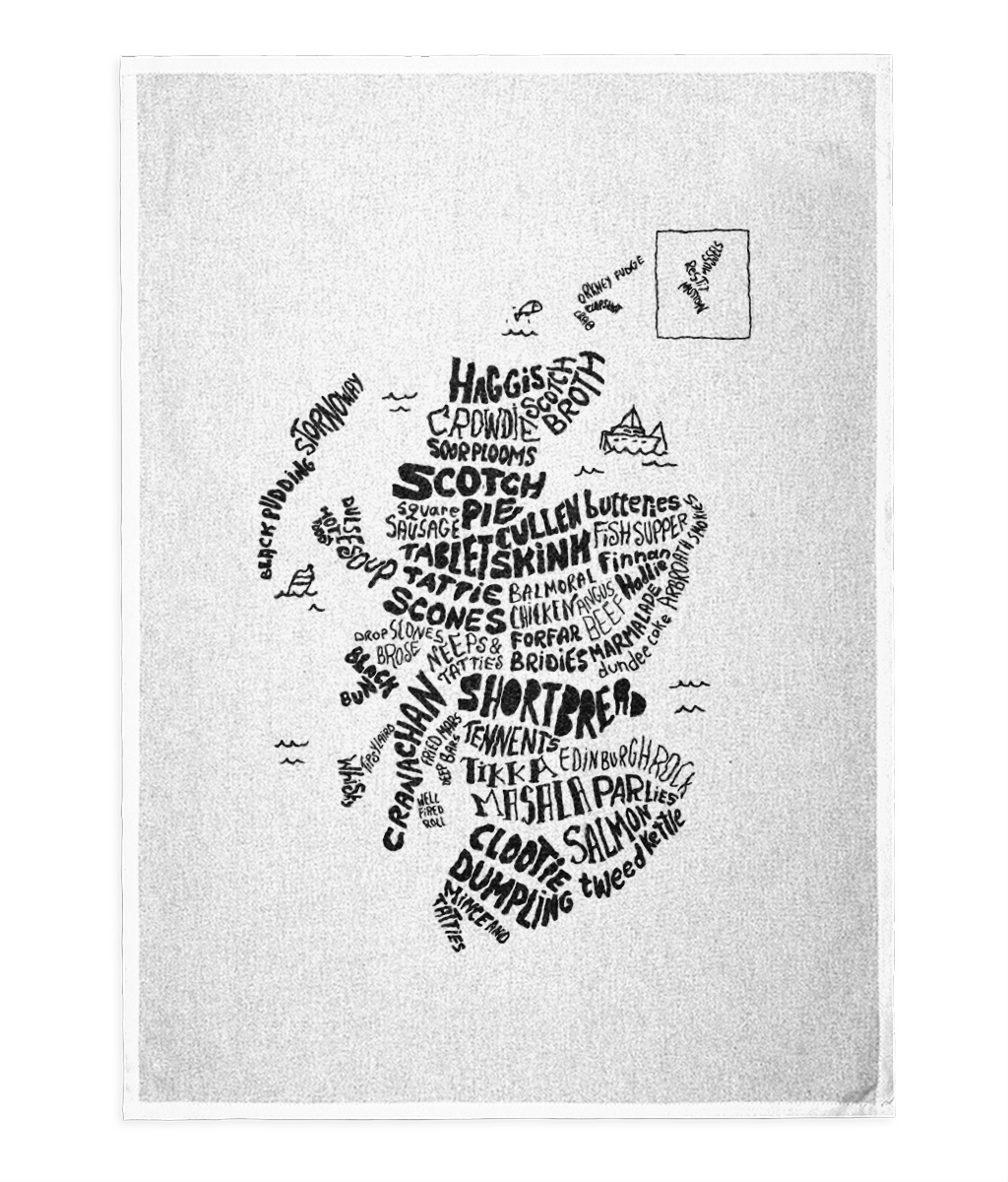 Scottish Food Map Tea Towel  - B&W