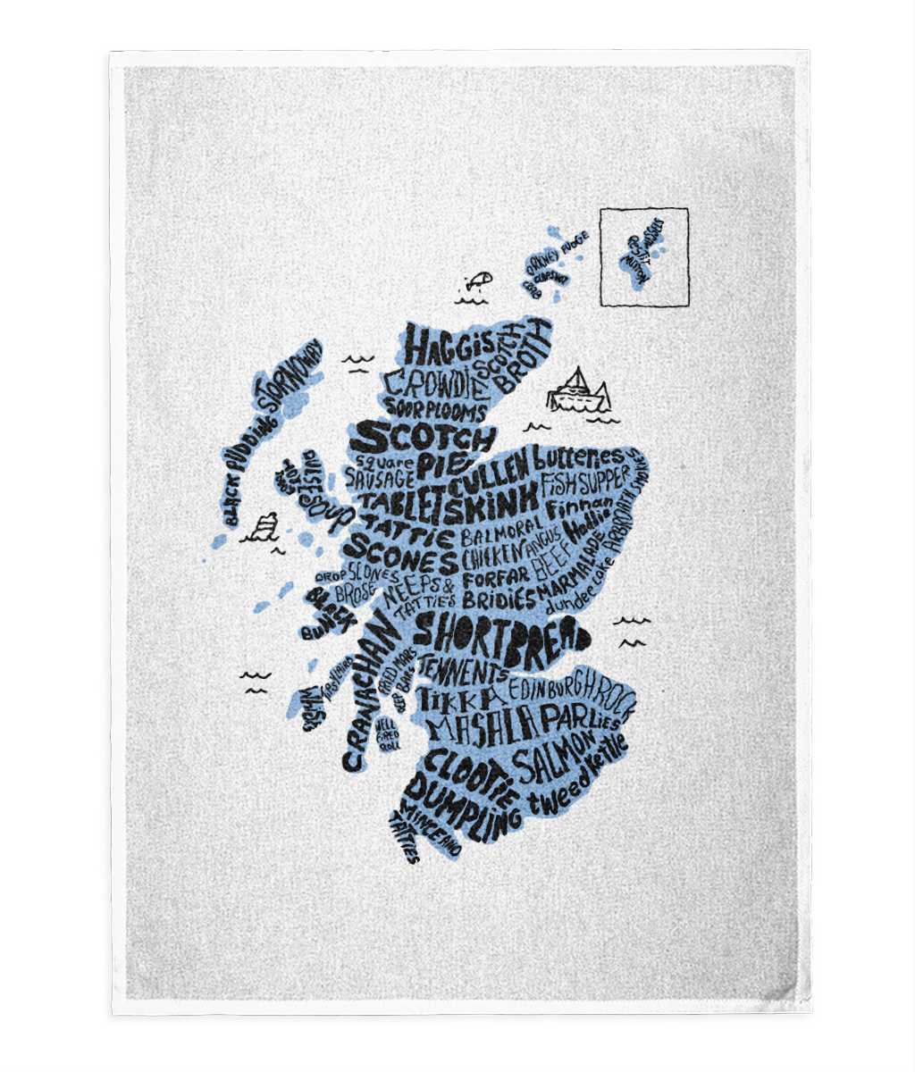Scottish Food Map Tea Towel - Blue