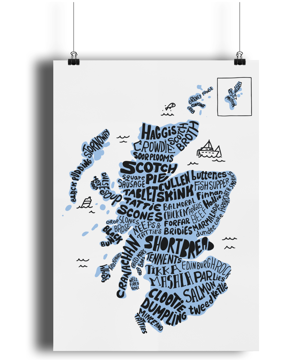 Scottish Food Map Art Print - Blue