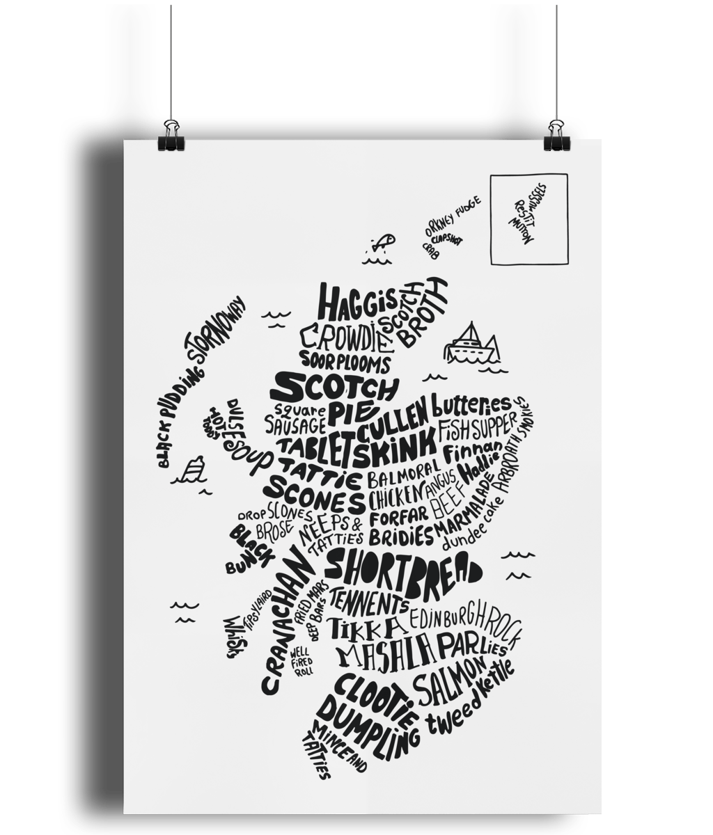 Scottish Food Map Art Print - Black and White